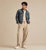 A man stands in a studio wearing a blue denim jacket over a white t-shirt, beige trousers, and white sneakers against a warm beige background.