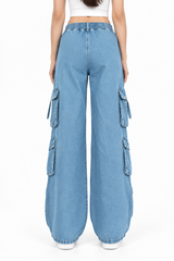 Women's Multi-Pocket Baggie Cargo Jeans | Sky Blue
