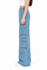 Women's Multi-Pocket Baggie Cargo Jeans | Sky Blue