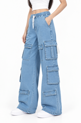 Women's Multi-Pocket Baggie Cargo Jeans | Sky Blue