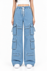 Women's Multi-Pocket Baggie Cargo Jeans | Sky Blue