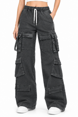 Women's Multi-Pocket Baggie Cargo Jeans | Charcoal Grey