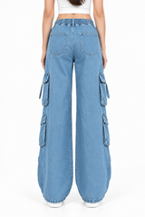 Women's Multi-Pocket Baggie Cargo Jeans | Sky Blue